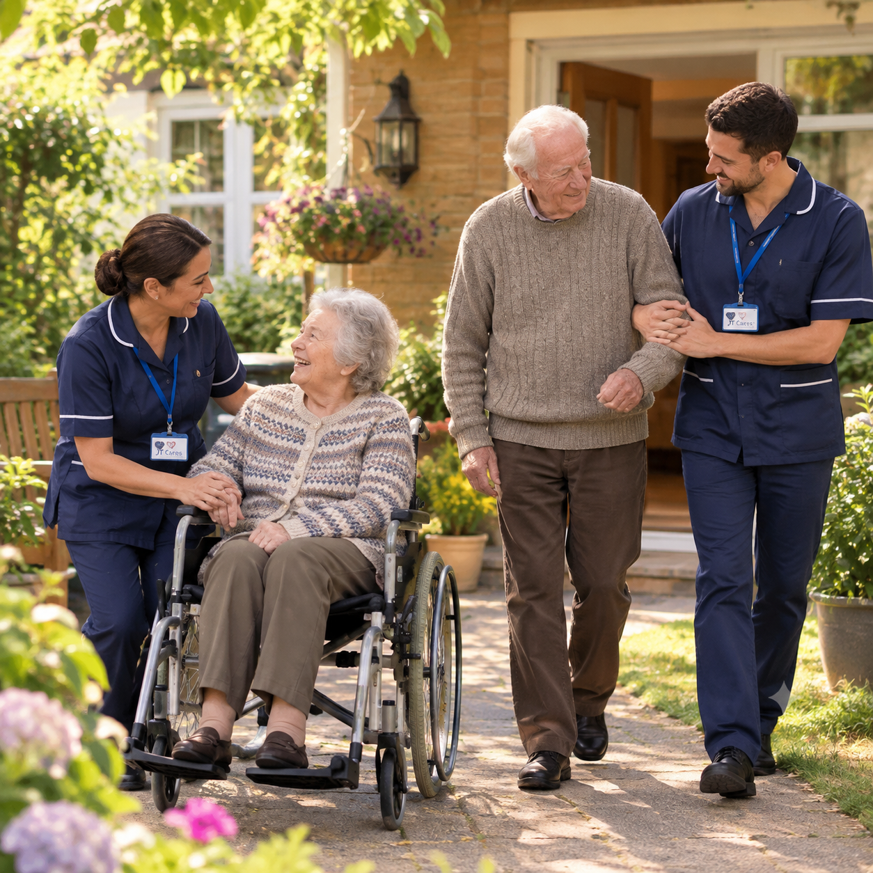 JT care workers are going outside with old couples