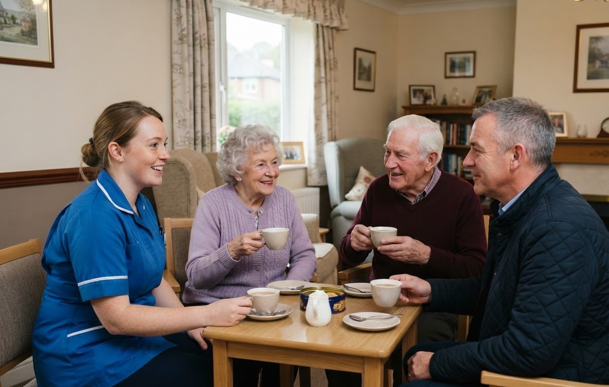 Care worker talking with an older couple and their son