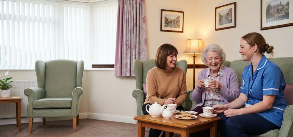 An older couple holding hands as a care worker chats with them