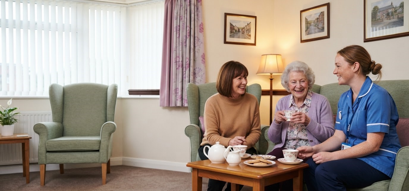 An older couple holding hands as a care worker chats with them
