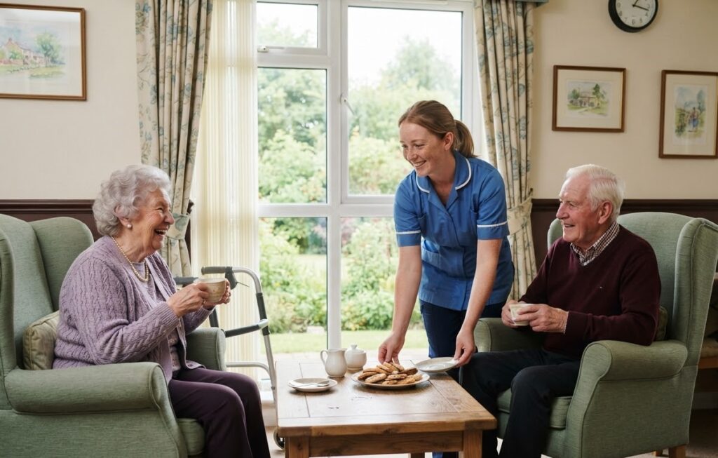 Two older residents chatting over tea as a care worker brings biscuits