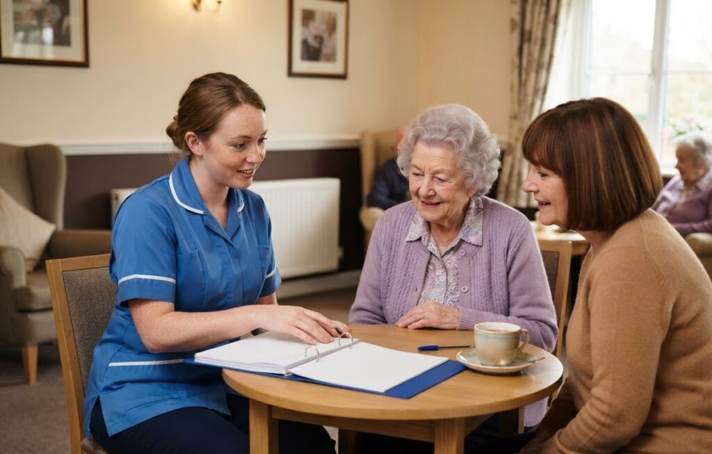 Care worker going through a care plan with an older lady and her daughter