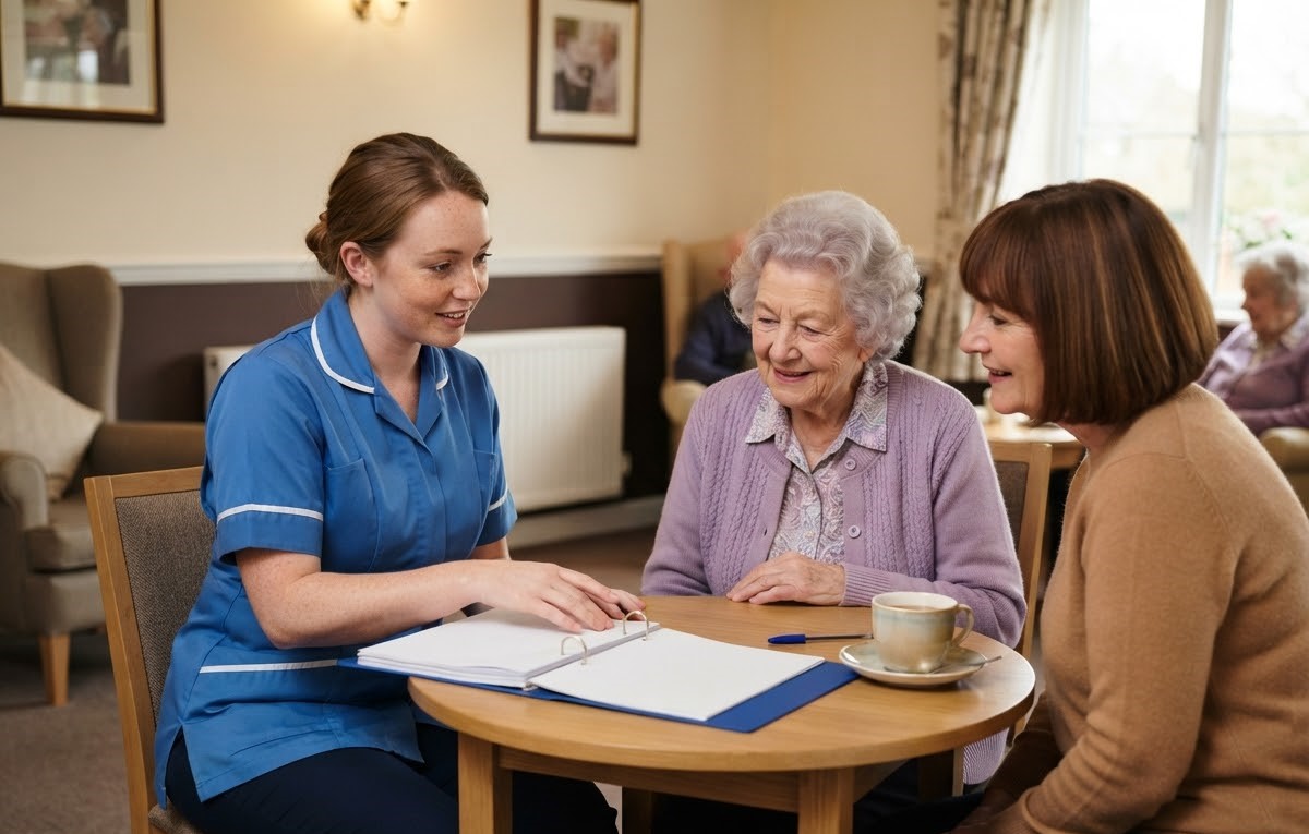 Care worker going through a care plan with an older lady and her daughter