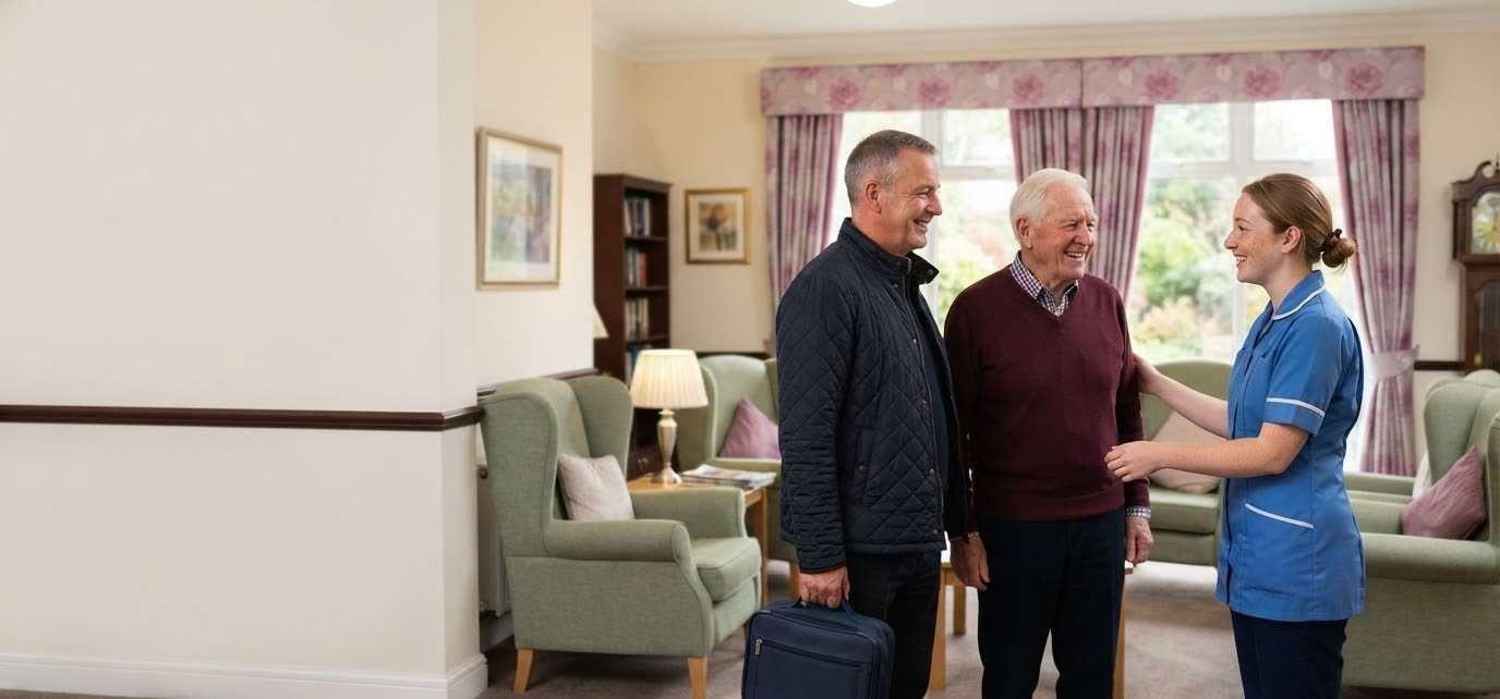 Care worker welcoming an older gentleman and his son for a short stay