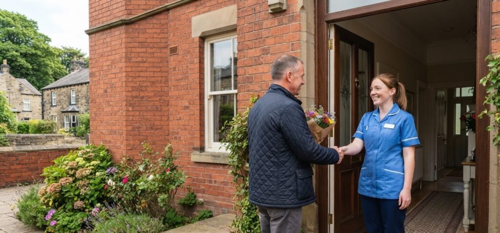 Care worker welcoming a visitor at the front door